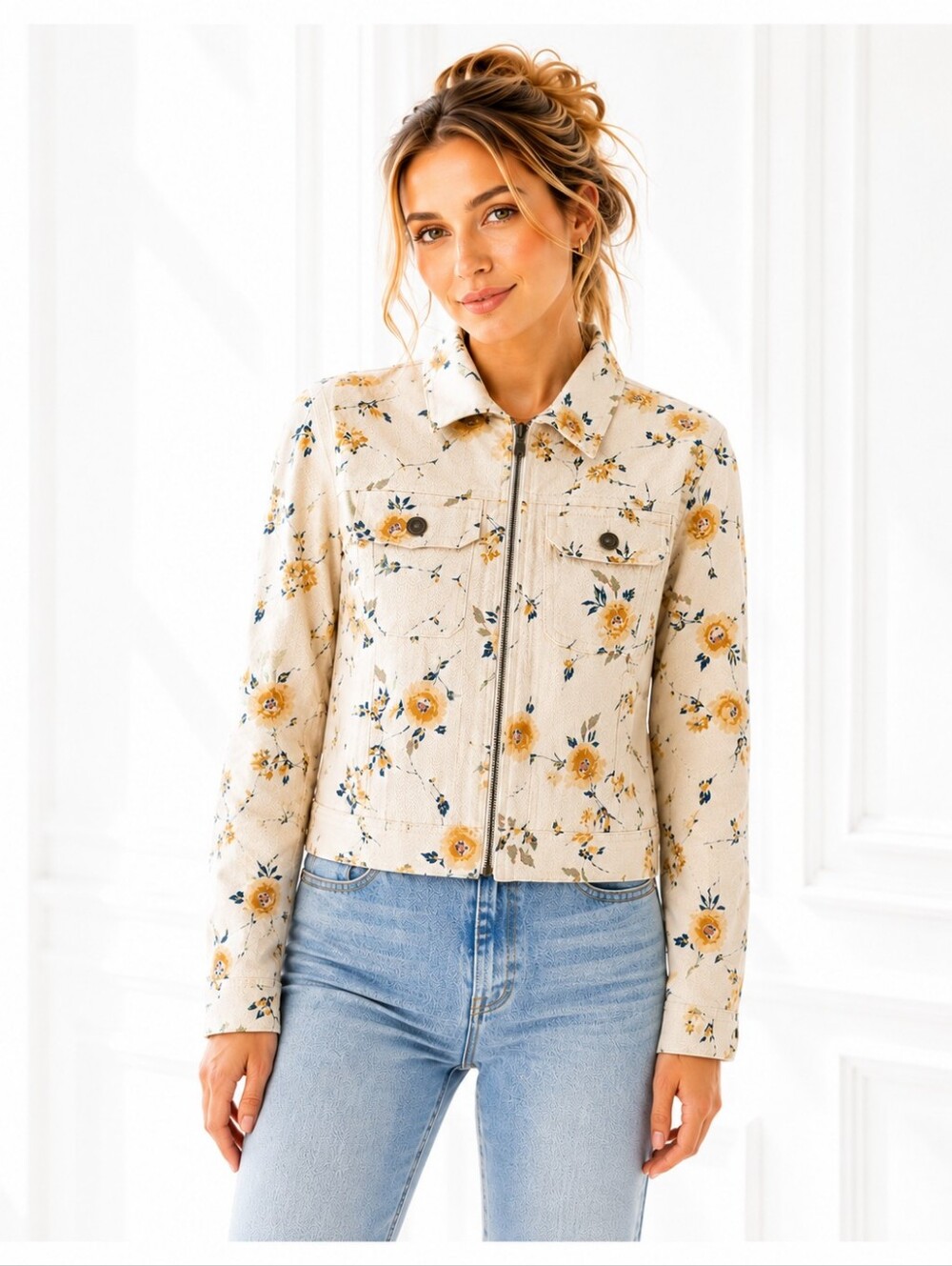 Sonoma Floral Denim Jacket Women’s Medium Cream Cottagecore Zip Front - Picture 2 of 12
